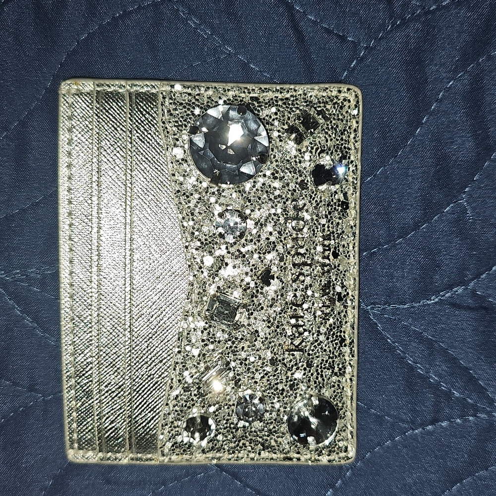 Kate Spade Silver Glitter Card Holder with Gem Accents Excellent Condition